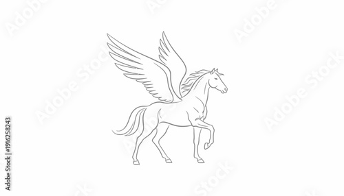 Mythical Pegasus Horse Line Art Drawing, Majestic Winged Creature