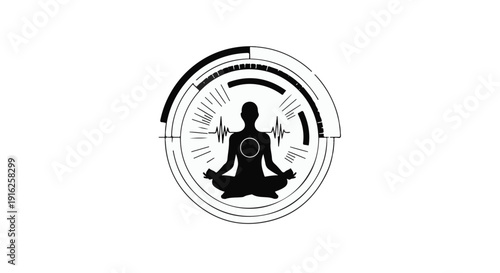 Meditative human figure integrated with a futuristic technological interface, symbolizing digital wellness, holistic health, and the synergy of mind and innovation