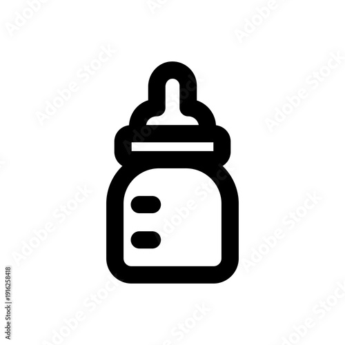 Solid black icon of a baby feeding bottle with nipple top and measurement marks. Minimalist vector illustration representing baby care, infant feeding, milk, and childcare products.