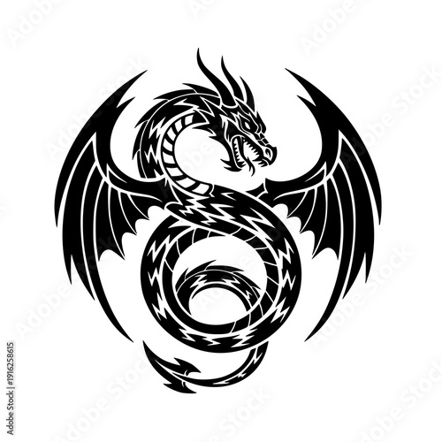 Tribal Yin Yang Dragon Tattoo Vector with Circular Symmetrical Wings