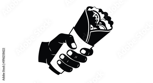 Monochromatic vector illustration of a hand tightly holding a delicious wrapped food item, perfect for restaurant branding, quick meal promotions, or street food vendor concepts