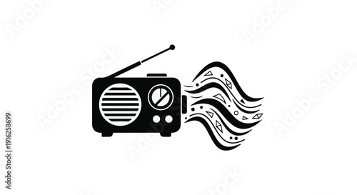 Minimalist black and white icon of an old-fashioned radio emitting dynamic sound waves, perfect for vintage music, audio, or podcast related concepts and design