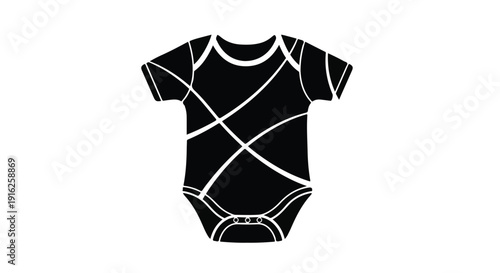 Modern graphic icon of a baby onesie in black with minimalist white abstract lines, ideal for newborn clothing and apparel design concepts and fashion illustrations