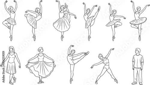 Ballet dancer vector set, ballerina performing artistic dance poses, classical dance moves, line art drawing, isolated on white background, theater.
