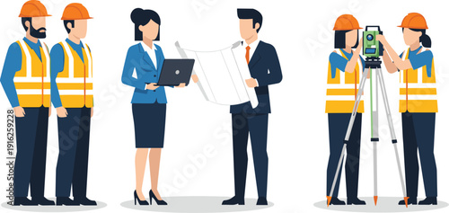 Construction engineer team, architects with blueprint and laptop, surveyors using theodolite, workers in hard hats and safety vests, flat vector.