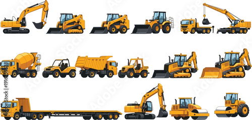 Heavy construction equipment vector set, excavator, bulldozer, crane, dump truck, concrete mixer, road roller, industrial machinery icons, isolated on white.