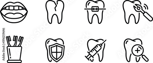 Set of 8 vector dental silhouette icons bundle teeth mouth brush shield design elements