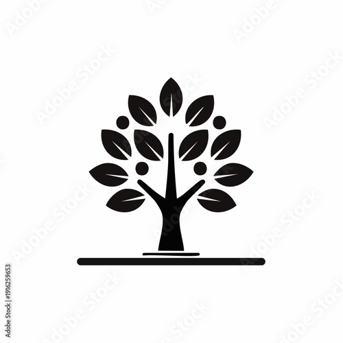 Minimalist tree silhouette with curved branches, teardrop leaves and three circles, grounded by a horizontal base line, shown as a bold black-and-white illustration from a frontal viewpoint