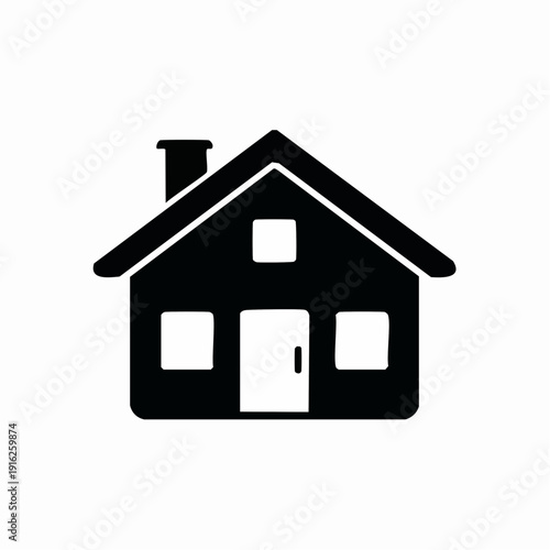 Viewing a minimalist black-and-white house illustration with gable roof, chimney, door and windows, centered on a plain background, captured from a frontal perspective