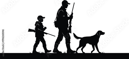 Hunter with son and dog silhouette, father and child hunting together, outdoor adventure, shotgun, retriever, bird hunting, vector illustration, isolated.