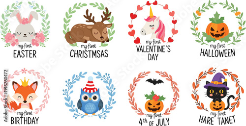 My first holiday baby milestone vector set, cute animals bunny deer unicorn owl cat fox for Christmas Easter Birthday Halloween.