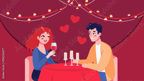 Couple celebrating valentine's day with wine and romantic ambiance at a candlelit dinner table