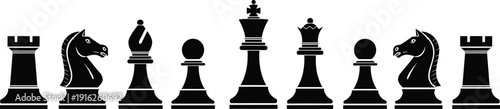Black silhouette chess pieces arranged in a line on a white background