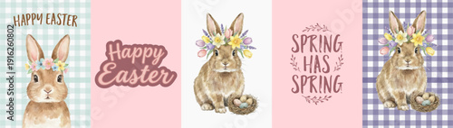 Trendy Happy Easter card set with hand drawn crayon bunny, chick and pastel egg illustrations for greeting cards, social media ads, web banners, kids party invitations, and seasonal marketing template