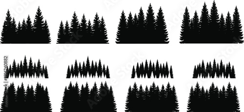 Black silhouette conifer trees forest landscape set pine trees evergreen trees woodland