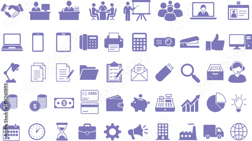 ビジネス・オフィス用（会議・プレゼン・事務用品・金融）などのベクターイラスト素材セット