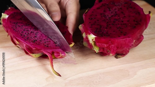 Wallpaper Mural Close Up Slicing Red Dragon Fruit on Wooden Cutting Board Torontodigital.ca