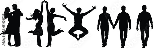 People silhouette set, dancing couple, happy man jumping, friends walking together, expressive human poses, black vector art, isolated white background.