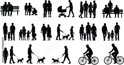 People silhouette set, family walking with kids, man sitting on bench, person riding bicycle, walking dog, outdoor activity, vector illustration.