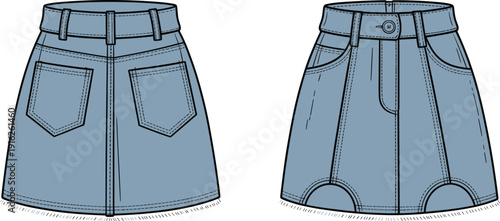 Blue denim skirt flat front and back view with pocket detail and button closure flat cad fashion garment template