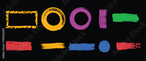 Vibrant colorful Brush Stroke Collection. Colorful Paint  circle and straigt Lines, Grungy Brush Marks and Permanent Marker Pen Strokes Vector Set shapes on black background