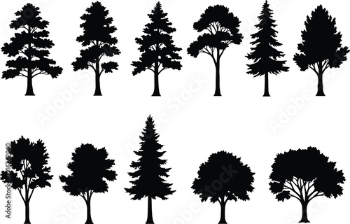 Collection of black tree silhouettes with varied foliage and shapes on white background