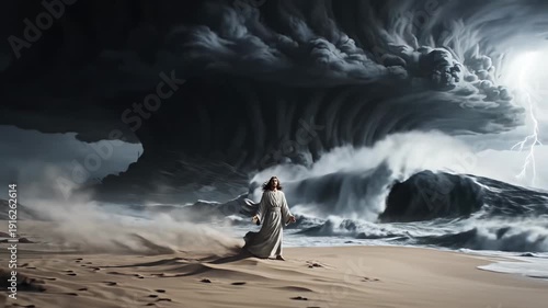 Jesus Christ standing on sandy beach with stormy clouds and crashing waves, arms outstretched, as lightning illuminates the dark sky in a dramatic scene