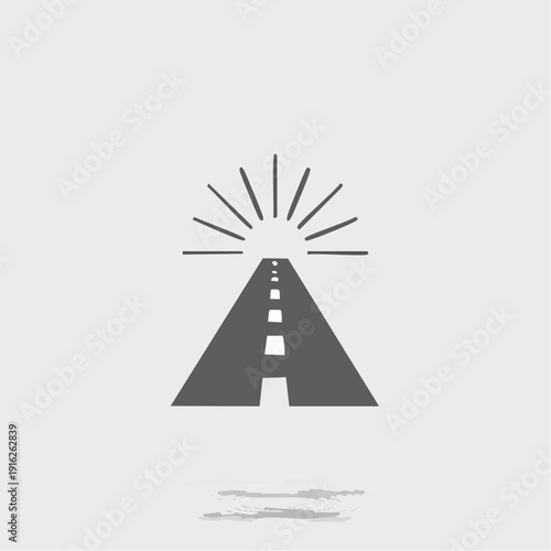 A minimalist graphic illustration of a dark gray road leading upward toward a stylized sunrise sunburst, with subtle cloud shadow below, viewed from a front perspective in a clean white setting