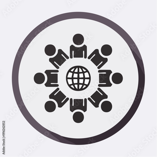 A circular logo illustration showing six people holding hands around a central globe, symbolizing unity and global connection, viewed from a frontal perspective against a light gray backdrop