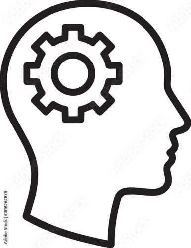 Human head profile with gear line icon illustrating cognitive processing and strategic mindset development concepts
