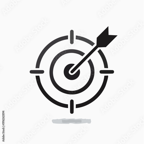 Precision Arrow Hitting Center of Minimalist Target Graphic Viewed Straight On, Emphasizing Accuracy in a Simple Black-on-White Illustration for Clear Visual Communication
