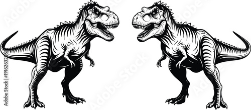 Tyrannosaurus Rex dinosaur vector, aggressive T-Rex character, prehistoric predator illustration, black and white line art, ancient animal, extinct wildlife, isolated.