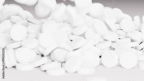 White pills fall and spin on a white surface. 3d illustration	
