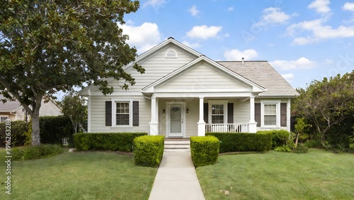 A charming single-story home with a veranda under a clear blue sky