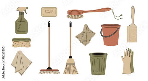 Flat vector illustration set of 10 household cleaning products, isolated objects collection including spray bottle, detergent bottle, liquid soap dispenser, sponge, bucket, mop, broom, cleaning cloth