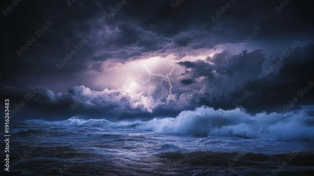 Fototapeta premium Storm rolls in over coastline with dark clouds and bright lightning illuminating the night sky and crashing waves
