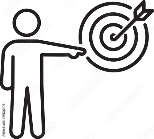 Visionary leadership line icon depicting person pointing at target board showing direction and objectives