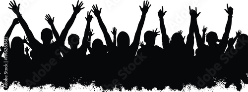 Silhouette of a crowd with hands raised in celebration against a white background with a distressed ink splatter border