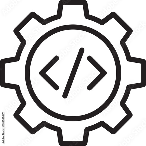 Software development process line icon featuring gear with coding brackets for technical engineering projects