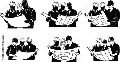 Six black and white of construction workers and architects reviewing blueprints and construction plans
