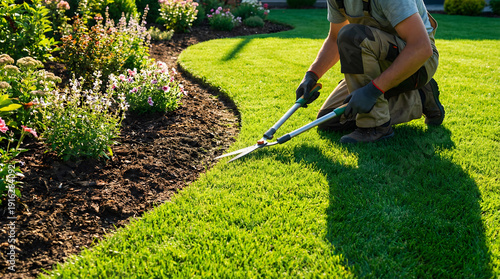 Person carefully trimming grass edges along a wellmaintained garden pathway bordered with vibrant flowers and healthy green lawn