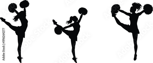 Three black silhouette cheerleaders in dynamic poses holding pom poms against a white background