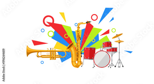Vibrant vector illustration of a jazz band with saxophone, trumpet, and drum kit, perfect for music events and promotions