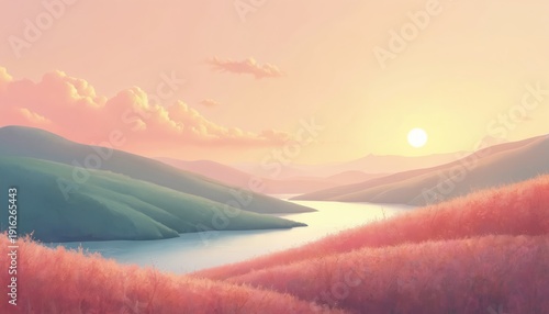 Gentle hills meet tranquil water under soft pastel sky. Sunrise glow bathes pink grassy field and green slopes. Calm nature scene, peaceful landscape, serene beauty.