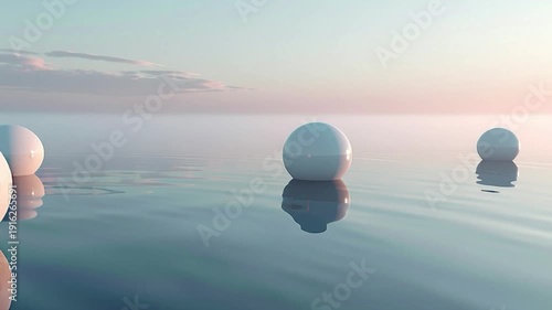 Spheres Floating on Calm Water Surface.