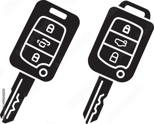 Black silhouette icons of two modern car key fobs with multiple buttons for locking, unlocking, and trunk. Automotive, technology, and security concepts.