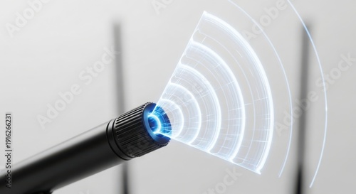 Close up view of device emitting wireless signal, digital antenna transmitting strong wireless signal for connectivity and data flow.