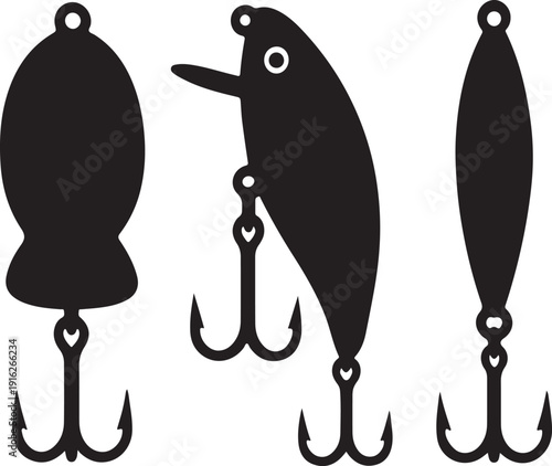 fishing lure silhouettes with treble hooks icons set vector illustration