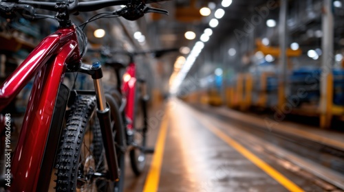 Brightly colored bicycles are showcased in a contemporary factory setting, highlighting modern design and craftsmanship in the cycling industry with meticulous details.