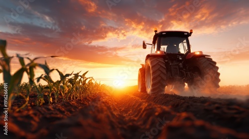 A silhouette of a tractor working in the fields during a vibrant sunset, showcasing the harmonious relationship between technology and nature in agriculture.
